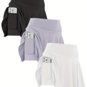 Resim Kadınlar için 3 Parça Yüksek Bel Tenis Golf Etek Şortu Cepli - Esnek Polyester Karışımı, Siyah/Beyaz/Lacivert, Koşu, Pickleball & Spor Aktiviteleri için Mükemmel, Spor Aktif Giyim | Sporcu Görünümü | Pürüzsüz Kumaş Bitişi 