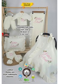 Resim Gros Shop Müslin Yeni Doğan 4katlı Organik %100pamuk Kişiye Özgü Nakışlı Hastane Çıkış Seti Güllü Model-2 Ekru-1 