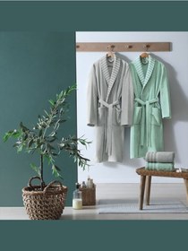 Resim Taç Pure Cotton Aile Bornoz Seti Simple Yeşil-Gri Gri - Yeşil 