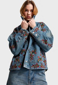 Resim Kadın T.Kot Rengi 2S566 Çiçek Nakışlı Oversize Tasarım Denim Ceket - Tint Kot Rengi / S/M 
