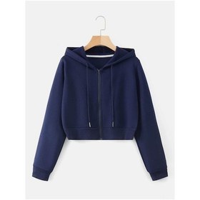 Resim Kadın Lacivert Crop Fitted Kapşonlu Zip Fermuarlı Polar Hırka Sweatshirt Koyu Lacivert 