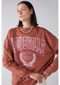 Resim Ramona Kadın Oversize Yumuşak Içi Polar Organik Pamuklu Baskı Yuvarlak Yaka Kiremit Rengi Sweatshirt 