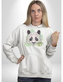 Resim Panda Mandala Kadın Erkek Beyaz Kapüşonlu Sweatshirt Hoodie Beyaz 