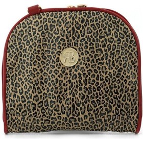 Resim Kahverengi Leopar Desenli Kırmızı Çift Ebat Portatif Alışveriş Çantası Çok Renkli 