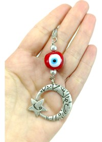 Resim biuti Özel Tasarım Metal Ay Yıldız Hilal Araba Dikiz Ayna Süsü, El Yapımı Cam Kırmızı Nazar Boncuğu 