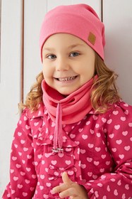 Resim Babygiz Kız Bebek Çocuk Pembe Ip Detaylı Şapka Bere Boyunluk Takım Rahat %100 Pamuklu Kaşkorse Yerli 