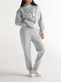Resim LAND MODA Kadın USA Baskılı kapüşonlu Fermuarlı Sweatshirt Eşofman Alt-Üst Takımı 