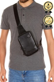 Resim CERFF LEATHER CLUP Siyah Erkek Hakiki Deri Telefon Bölmeli & Kulaklık Çıkışlı Çapraz Omuz Çantası 