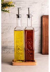 Resim Snippy Safir - 2'li Ahşap Standlı Cam Zeytinyağı Sıvıyağ Şişesi Yağdanlık Damlatmaz Yağlık Sirkelik Soft 500ml Ahşap 