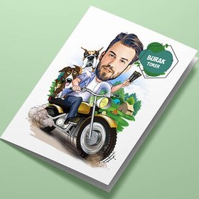 Resim Motosikletle Gezen Erkek Karikatürlü Tebrik Kartı 