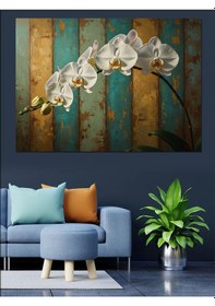 Resim Ahşap Tablo Beyaz Orkide Çiçeği Ahşap Zemin 