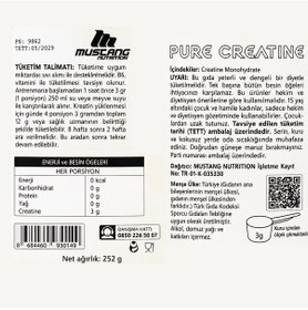 Resim Mustang Nutrition Creatine Monohydrate Kreatin 252 Gr 84 Servis + Shaker + Protein Kahve Hediyeli Aromasız 