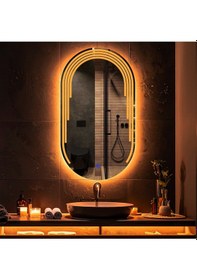 Resim Eloura Amber Led'li Lazer Kumlamalı Lavabo & Banyo Aynası Dokunmatik Sensörlü 70 X 40 Cm Turuncu 