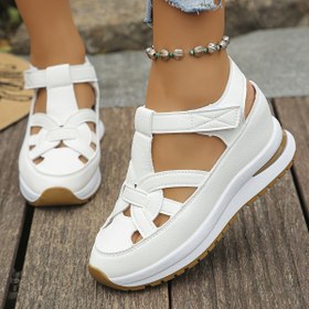 Resim Kadınlar için Yazlık Beyaz Sentetik Deri Kesik Detaylı Platform Sandaletler Ayarlanabilir Cırt Cırt Kayışlarla, 2.54 cm Kalın Kauçuk Taban ve EVA Yastıklı - Nefes Alabilen Yuvarlak Burunlu Günlük Ayakkabılar Plaj ve Rahat Giyim İçin 