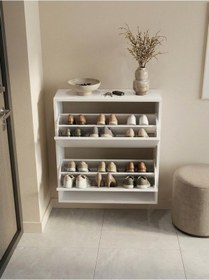 Resim Double Düşer Kapak Beyaz Ayakkabılık Raflı Ayakkabılık 2 Bölmeli Beyaz 