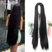 Resim Kadınlar 101.6 cm 1B Siyah Düz Saç Peruk, Esnek Şapka, Yüksek Sıcaklık Fiber, Çok Yönlü Orta Bölme, Günlük, Randevu, Kostüm Kullanımı İçin Temel Stil 