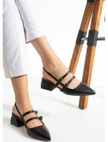 Resim Albishoes Kadın Kare Topuk 5 Cm Arkası Açık Sivri Burun Topuklu Ayakkabı Alçak Topuk Kadın Ayakkabı Siyah 