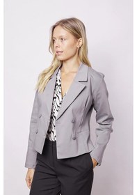 Resim Kadın Yakalı Flato Cepli Uzun Kol Kruvaze Anvelop Hafif Likralı Kumaş Blazer Ceket-gri Gri 