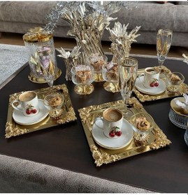 Resim Atabey Home Collection Tekli 1 Adet Kahve & Çay & Sunum Tepsisi Metal Döküm Kare Gold Tepsi Gül Model 
