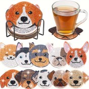 Resim 10 adet düzensiz set sevimli köpek desenli yapay elmas boyalı bardak altlığı DIY Kristal Süper flaş elmas boyalı ahşap masa sanatı bardak altlığı, yetişkin ofis kahve matı ev bardak altlığı el sanatları malzemeleri hediyeler için uygun, boyut 10cm*10cm/3.94 inç *3.94 inç 