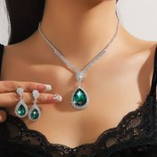 Resim Üç Parça Kadın Modası Taşlı Kolye ve Küpe Seti, Ekstra Büyük Gözyaşı Tasarımı, Gelin Düğün Takı Hediye Aksesuarları 