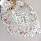 Resim Şık 2'li Dantel Amerikan Servisleri - Vintage Oval Fransız Altlıkları Tığ İşlemeli Nakış, Zarif Çiçek Deseni, Yemek Odası Dekoru için Oyma Merkez Parçaları, Polyester, Beyaz, 35.56x25.4 cm 