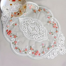 Resim Şık 2'li Dantel Amerikan Servisleri - Vintage Oval Fransız Altlıkları Tığ İşlemeli Nakış, Zarif Çiçek Deseni, Yemek Odası Dekoru için Oyma Merkez Parçaları, Polyester, Beyaz, 35.56x25.4 cm 