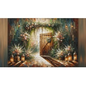 Resim Venspor Rustik Bahçe Kapısı Temalı Arkaplan Çiçekli Detaylar ve Fener Işıkları ile 200 x 150 cm Fon Duvar Örtüsü 