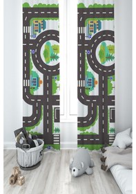Resim Mekta Home Bebek Ve Çocuk Odası Otopark Ve Yol Desenli 2 Kanat Fon Perde 
