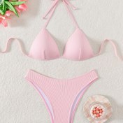Resim 1 adet Kadınlar için Yüksek Esneklikli Polyester Bikini Seti, Bağcıklı Detaylı, V-Yaka Sert Kupalı Üst, Konvansiyonel Alt, Örgü Kumaş, Düz Renk, Yüzme için - 95% Polyester, 5% Elastan 
