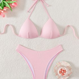Resim 1 adet Kadınlar için Yüksek Esneklikli Polyester Bikini Seti, Bağcıklı Detaylı, V-Yaka Sert Kupalı Üst, Konvansiyonel Alt, Örgü Kumaş, Düz Renk, Yüzme için - 95% Polyester, 5% Elastan 