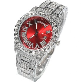 Resim 2xudc Gümüş + Kırmızı Hip Hop Moda Kuvars Izle Çift Hareketi Büyük Yuvarlak Elmas Su Geçirmez Takvim Trend Kadın Erkek Izle (Yurt Dışından) 