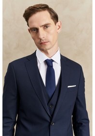 Resim AC&Co / Altınyıldız Classics Erkek Slim Fit Dar Kesim Mono Yaka Yelekli Yünlü Takım Elbise Lacivert 