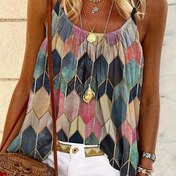 Resim Kadınlar için Geometrik Baskılı Kolsuz U-Yaka Tank Top - Göğüs Büzgülü & İnce Askılı, Canlı Renk Blok Tasarımı, Makinede Yıkanabilir Günlük Sokak Giyimi, Nefes Alabilen Giysi, Şık Stil Yapısı 