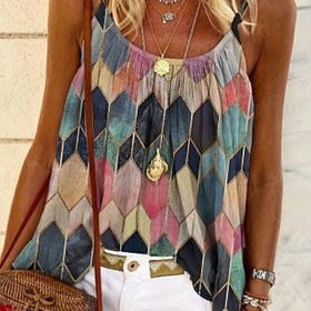 Resim Kadınlar için Geometrik Baskılı Kolsuz U-Yaka Tank Top - Göğüs Büzgülü & İnce Askılı, Canlı Renk Blok Tasarımı, Makinede Yıkanabilir Günlük Sokak Giyimi, Nefes Alabilen Giysi, Şık Stil Yapısı 