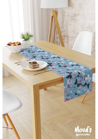 Resim Mavi Kelebekler Desenli Baskılı Süet Runner Masa Örtüsü 