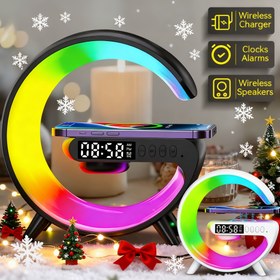 Resim Çok Fonksiyonlu Kablosuz Şarj İstasyonu | Taşınabilir Hoparlör, RGB Gece Lambalı Cep Telefonu Şarj Standı, Alarm Saati, iPhone 17 16 15 14 13 12 Pro Max Plus, AirPods, Samsung Galaxy S25 S24 S23 için Zaman Göstergesi 