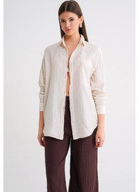 Resim Mixray 3833 Kadın Oversize Cepli Müslin Gömlek Naturel 