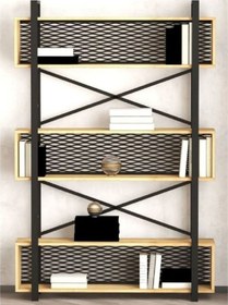 Resim Plüton Izgaralı Metal Ahşap Kitaplık Siyah 