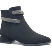 Resim Asya Bilek Şerit Taş Kemerli Sivri Burun Kısa Topuklu Kadın Bot Siyah-Süet 