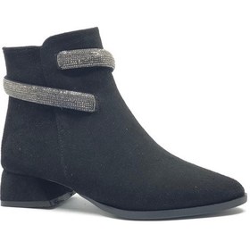 Resim Asya Bilek Şerit Taş Kemerli Sivri Burun Kısa Topuklu Kadın Bot Siyah-Süet 