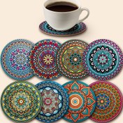 Resim 8 Parça Mandalı Bardak Altlığı Seti, Ahşap Bardak Altlıkları, Tatil Toplantıları İçin Temel, Barlar, Ofisler ve Evler için Uygun, Her Durumda Kullanım, Boyutu 10cm x 10cm 