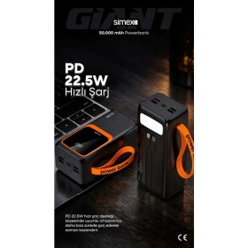 Resim Simex 50.000 mAh 22.5W PD Hızlı Şarj Kablolu Powerbank Dijital Göstergeli Fenerli Taşınabilir Kamp Cihazı 
