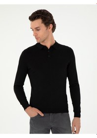 Resim Cacharel Siyah Slim Fit Yün Karışımlı Polo Yaka Basic Triko Kazak 