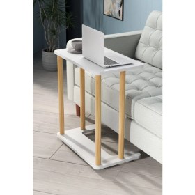 Resim Evnalia Beyaz Laptop Sehpası Ham Ahşap Ayaklı Ahşap Tabla Demonte C-Sehpa Yan Koltuk Servis Sehpası 35X60 