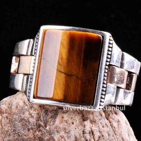 Resim Tigers Eye Stone Jewelry Clock 925 Sterling Silver Men Ring - US: 12.25 / 68.5 mm / Turk: 28.5 