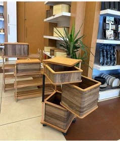 Resim Ahşap Kare Tekerlekli Kahve Sebzelik 3 Katlı Yana Açılır Patates Soğan Sarımsak Kahverengi 