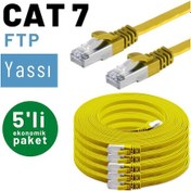 Resim 5 adet IRENIS CAT7 Kablo Yassı FTP Ethernet Kablosu, 3 mt Sarı 