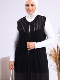 Resim Ferace Kadin Buyuk Beden Transparan Taşlı Uzun Yelek 