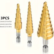 Resim 3'lü Matkap Ucu Seti, 3-12mm 4-12mm 4-20mm HSS Düz Oluklu Adım Titanyum Kaplamalı Delik Kesici Adım Konik Matkap Delik Testere Araçları Seti 